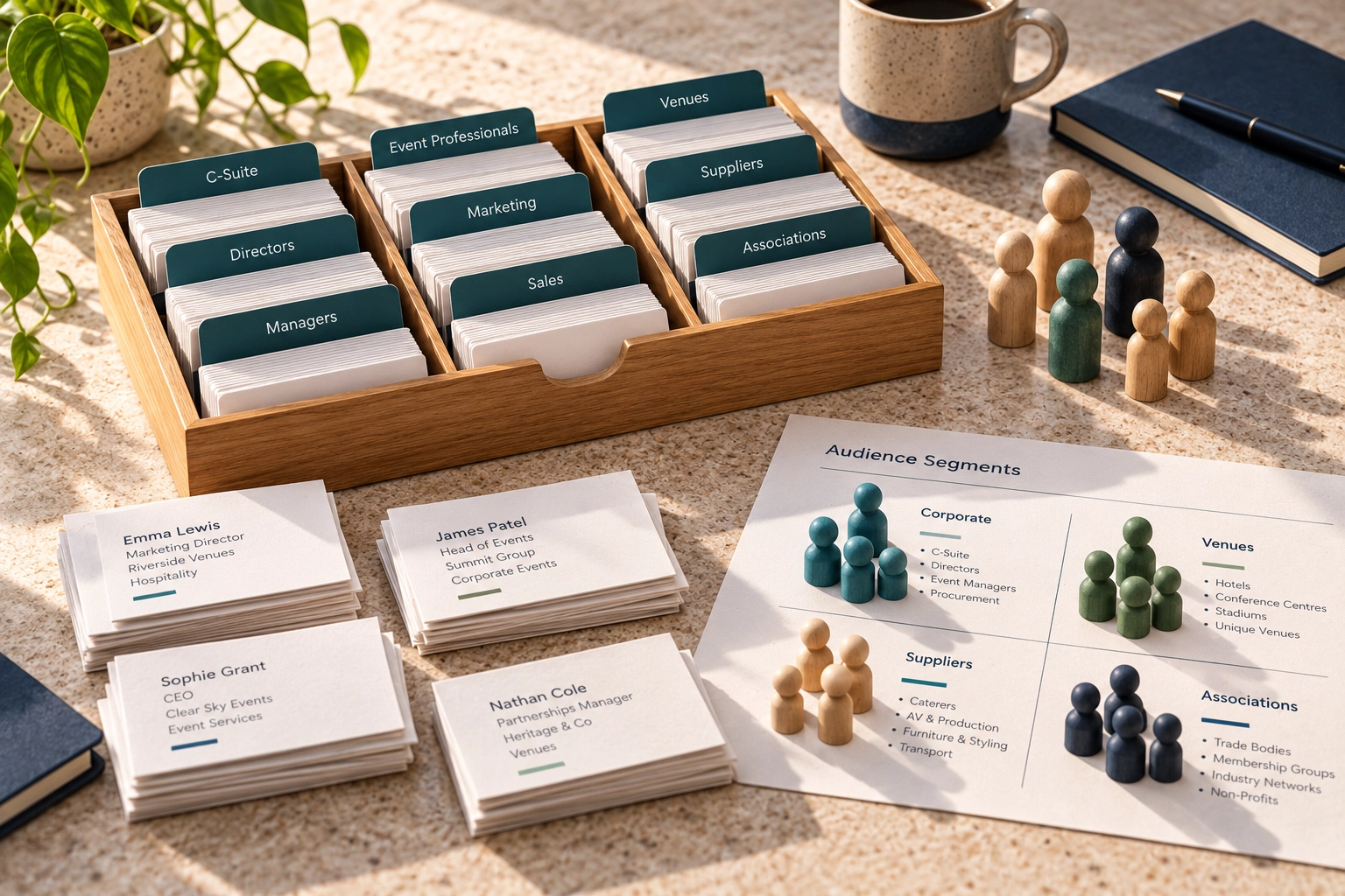 Organised business contact records, audience segments and market mapping on a desk